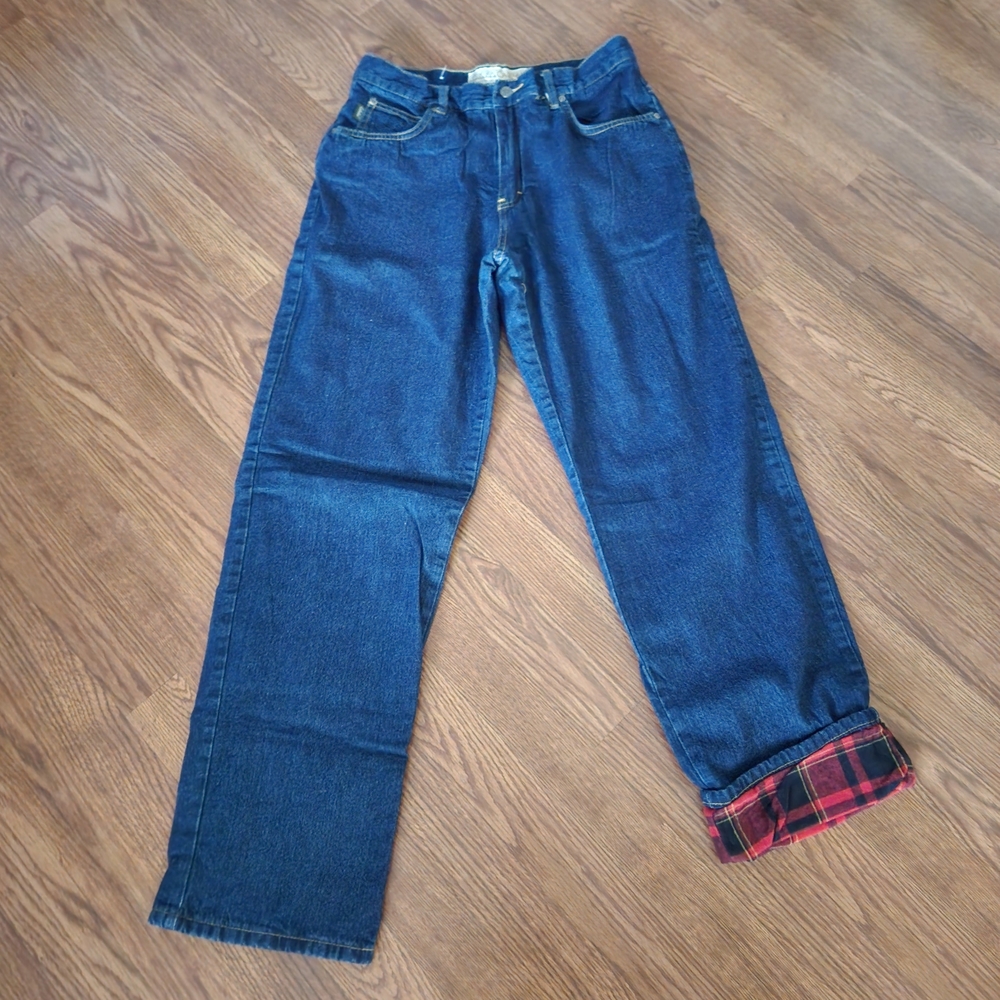 Cabela's Relaxed Fit Blue Jeans with Red Plaid Cuff